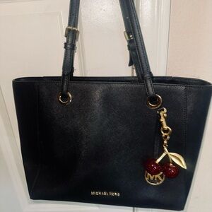 Michael Kors Black Leather Tote with Gold Hardware and Cherry Charm